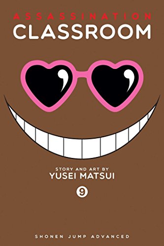 Assassination Classroom volume 9 cover featuring pink heart-shaped sunglasses and a wide toothy grin.
