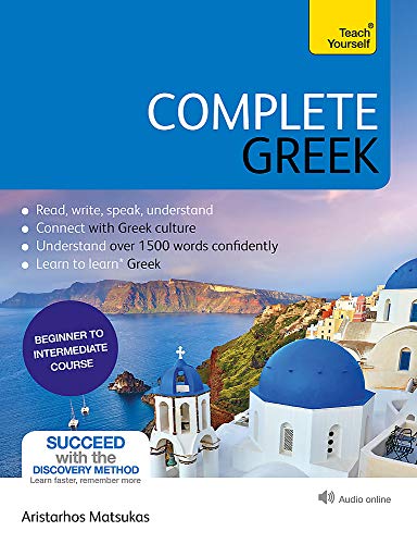 Book cover for "Complete Greek" with a coastal Greek village scene.