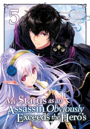 Manga cover with a dark-haired man, a white-haired elf, and a black cat.