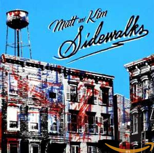 CD cover for Matt & Kim’s “Sidewalks” with building and water tower.