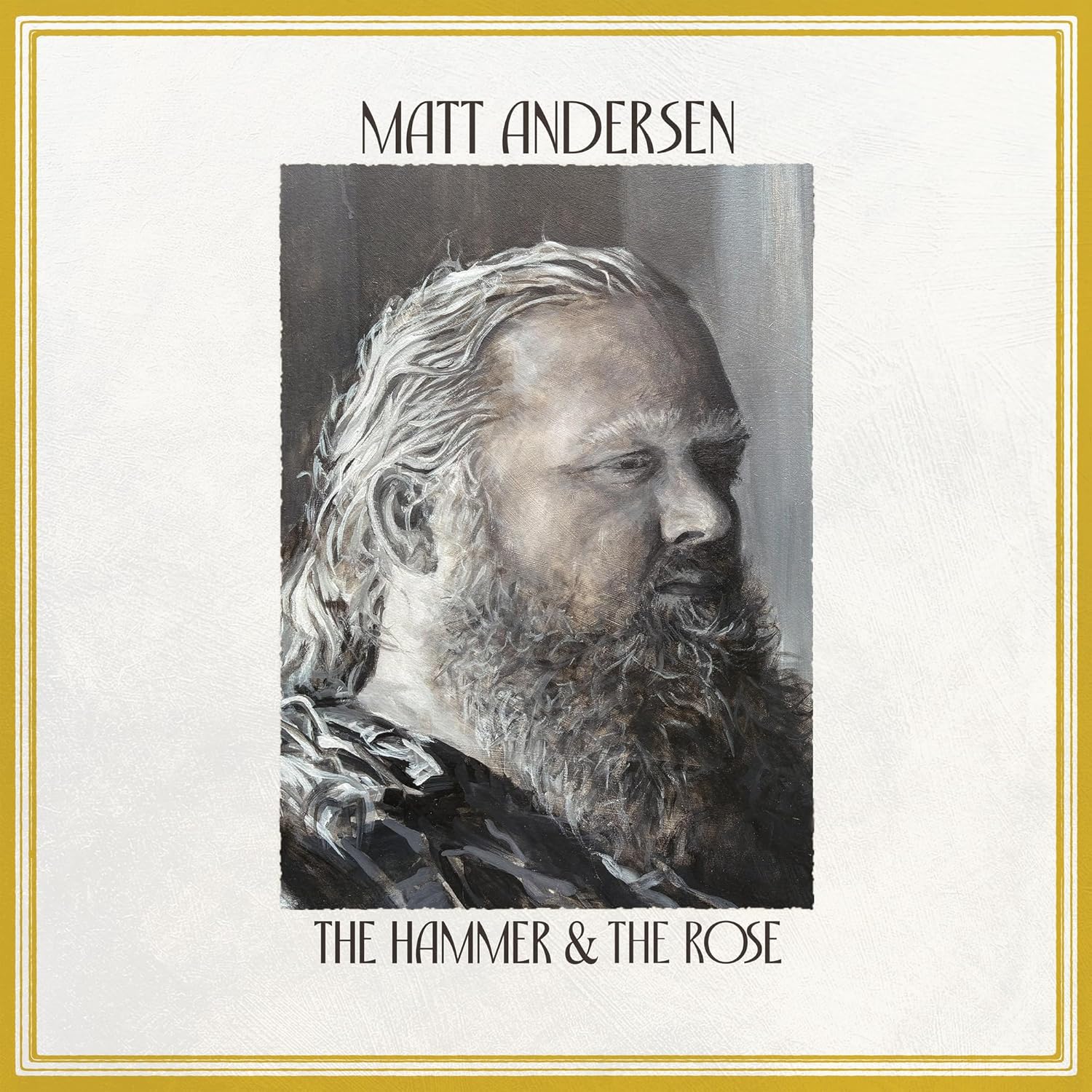Painted portrait of Matt Andersen with long hair and a full beard.