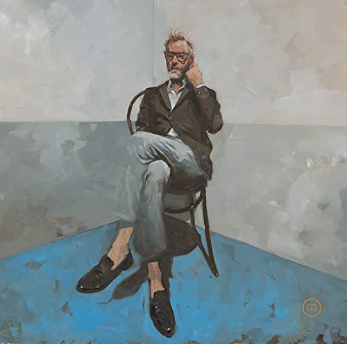 An oil painting of Matt Berninger sitting on a chair in a sparse room.