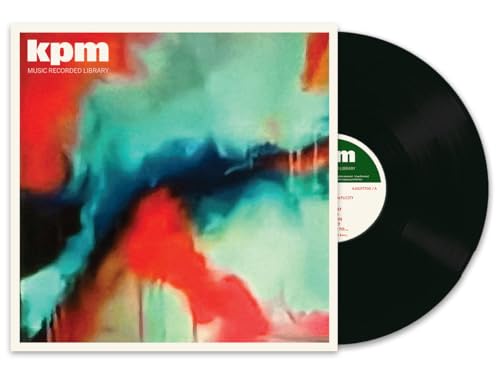 Vinyl record and album cover with abstract blue and red paint.