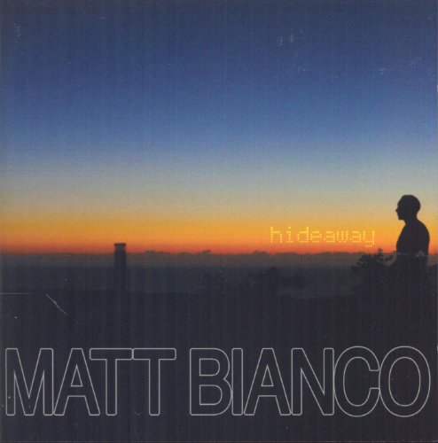 CD cover for Matt Bianco’s “Hideaway” with a sunset skyline silhouette.