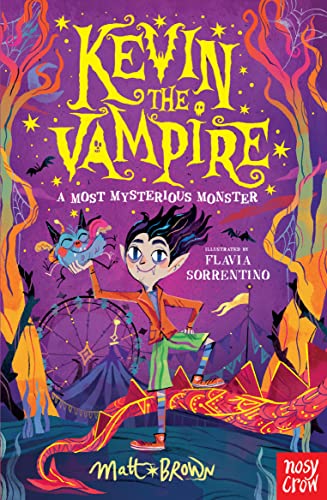 Book cover: young vampire Kevin with a bat, carnival background.