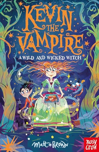 Book cover: vampire boy, witch girl, and bat with swirling forest background.