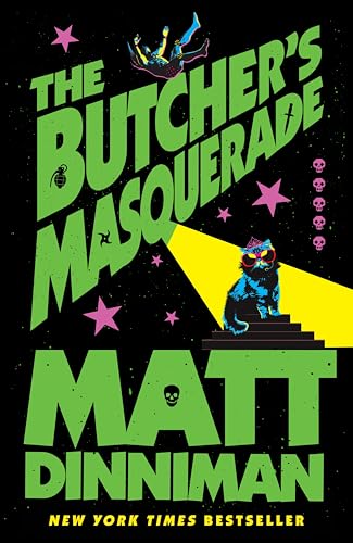 Book cover: green text, falling figure, cat with glasses, skulls.