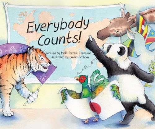 Children’s book cover with tiger, panda, duck, and giraffe near a world map.