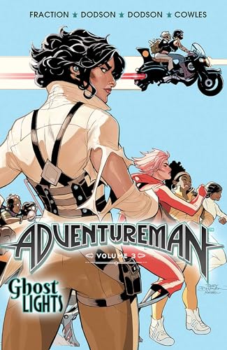 Adventureman Volume 3 cover: a man, motorcycle, and two women in action.