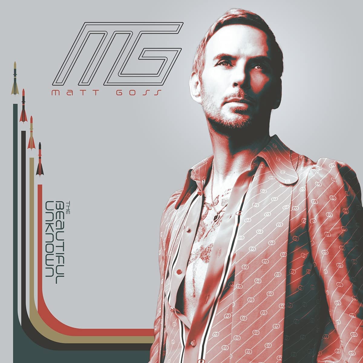 Matt Goss album cover featuring a man in a patterned shirt against a grey background.