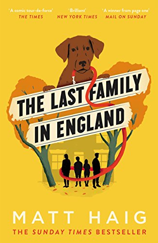 Book cover with a brown dog holding a red leash over a family silhouette.