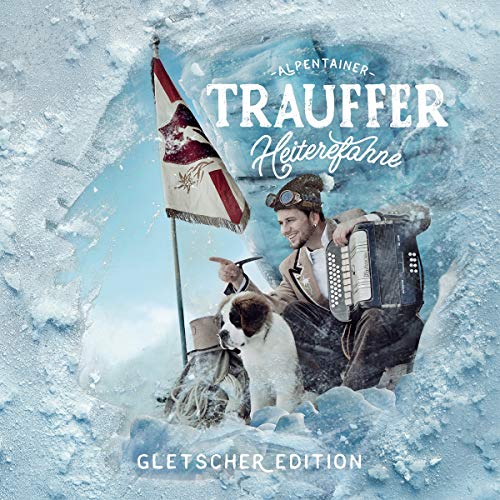 A man with an accordion and a dog sit amidst ice with a flag.