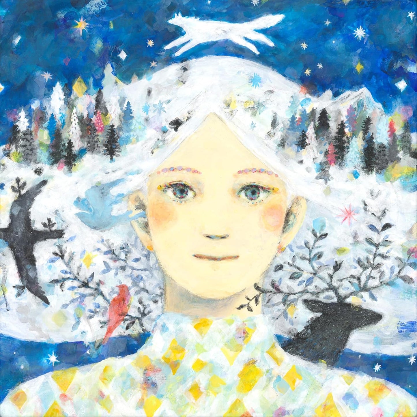 Painted portrait of a young woman with snowy mountains and animals.