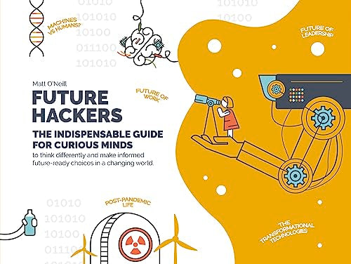 Book cover with illustrations of technology, brains, and a person looking through a telescope.