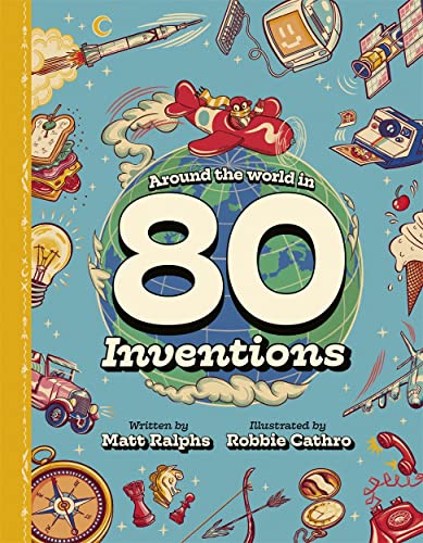 Book cover with illustrated inventions around a globe and large number 80.