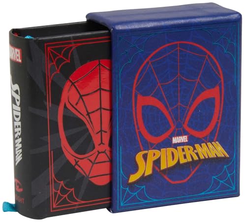 A small Spider-Man book partially slid out of its blue slipcase with spiderweb designs.