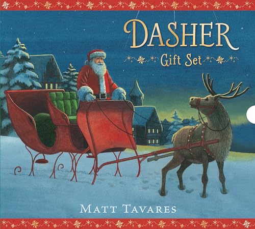 Santa in a sleigh pulled by Dasher the reindeer, book cover.