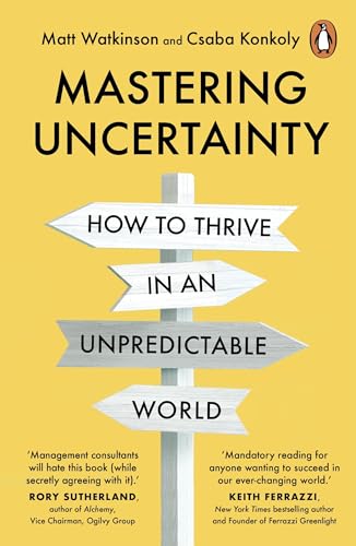 Book cover: "Mastering Uncertainty" with directional signs and white text.
