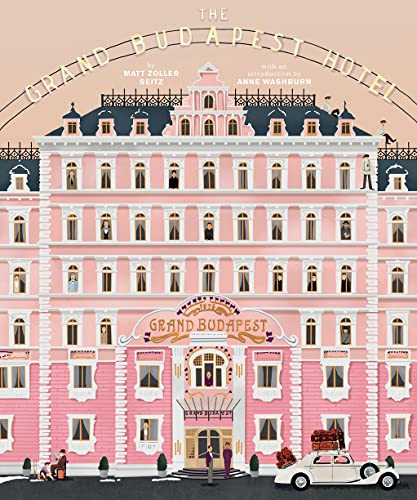 Illustrated book cover showing the pink Grand Budapest Hotel with people in windows.