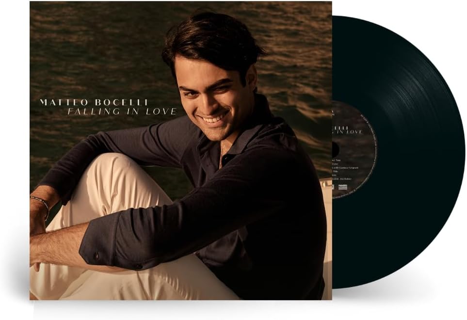Matteo Bocelli album cover and black vinyl record displayed together.