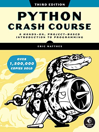 Book cover for Python Crash Course, 3rd Edition, featuring a cartoon snake with jet engine.