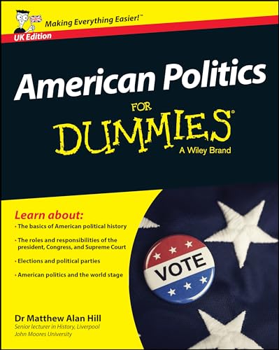 Book cover: "American Politics for Dummies" with a waving American flag and "Vote" pin.