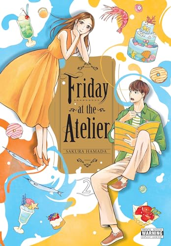 Manga cover with two young people and illustrated food items.