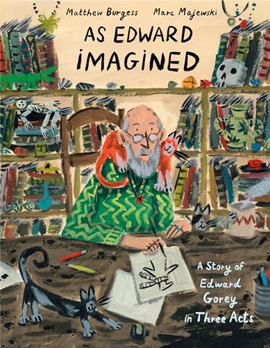 Book cover depicting Edward Gorey with a cat, surrounded by artwork.