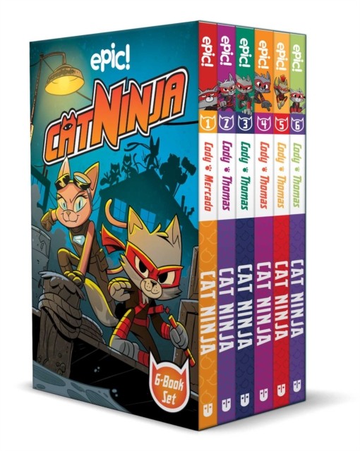 Six illustrated children’s books featuring a ninja cat in a boxed set.