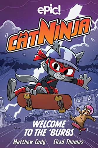 Cat Ninja skateboarding, volume 4 cover with suburban background and startled dog.