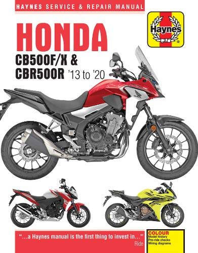 Haynes manual cover featuring red and black Honda CB500F/X & CBR500R motorcycles.