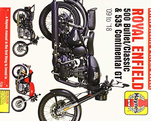 Motorcycle service manual with black cover, white text, and Royal Enfield model images.