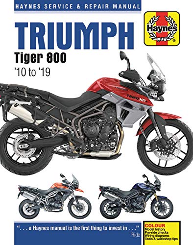 Haynes manual cover featuring a red and black Triumph Tiger 800 motorcycle.