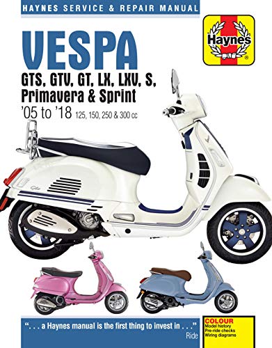 Haynes service manual cover featuring a white Vespa scooter and smaller images.