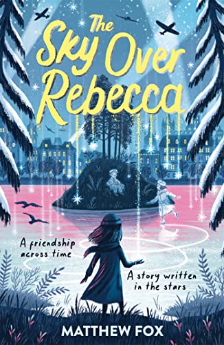 Book cover: girls skating, planes flying, snowy trees, town background.