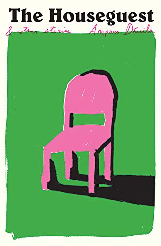 Book cover: green background, pink chair, black shadow, title “The Houseguest.”
