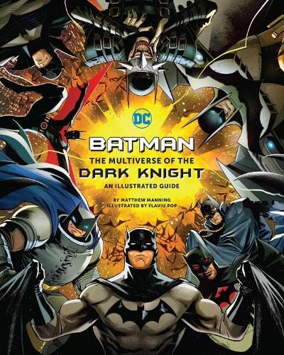 Book cover featuring multiple versions of Batman in dynamic poses.