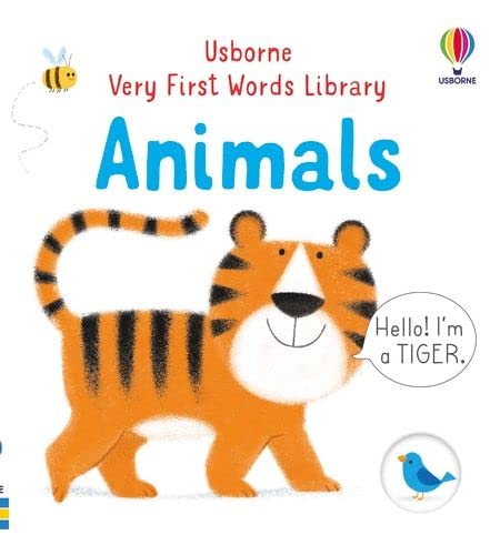 Book cover with illustrated tiger, bee, and bird; title "Animals".