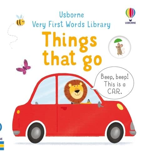 Red car with a lion driving, book cover for young children.