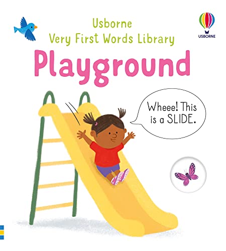 Book cover: “Very First Words Library: Playground” with a girl on a slide.