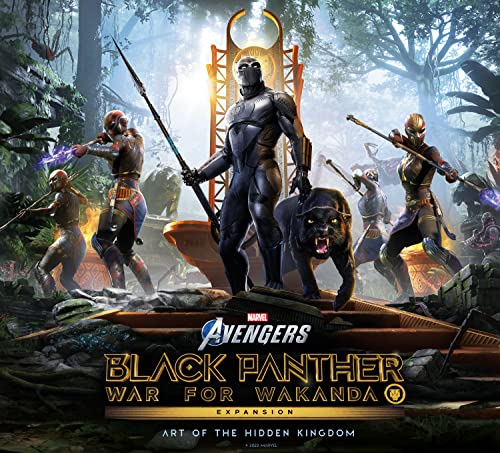 Black Panther and warriors in a lush Wakandan jungle, art book cover.