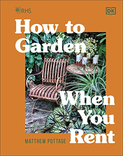 Book cover with garden chair, potted plants, and bold text.