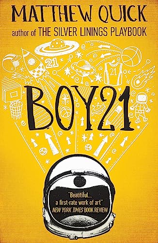 Book cover for "Boy21" with sketched space imagery and astronaut helmet.