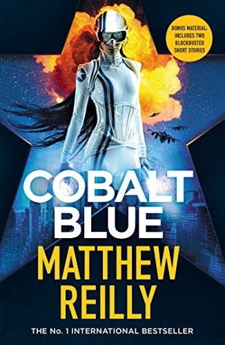 Book cover: “Cobalt Blue” featuring a woman in a futuristic suit amidst explosions.