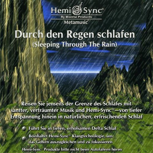 "Hemi-Sync album cover featuring a rainy mountain landscape with white text overlay."