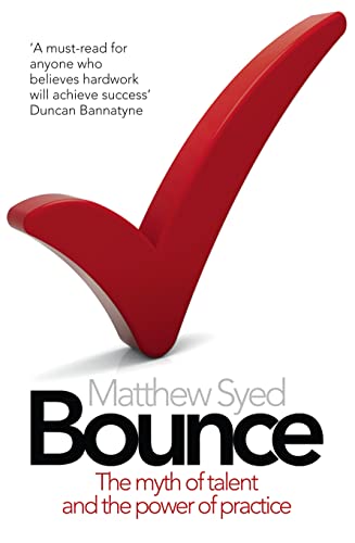 Book cover with a red checkmark and bold title "Bounce" by Matthew Syed.