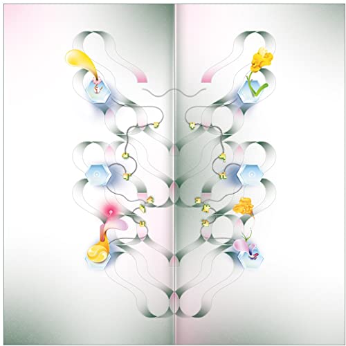 Symmetrical abstract album art with flowing lines, flowers, and geometric shapes.