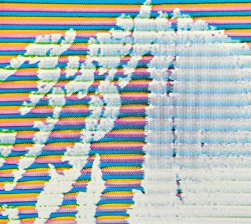 Abstract colorful stripes and distorted white shapes on a CD cover.