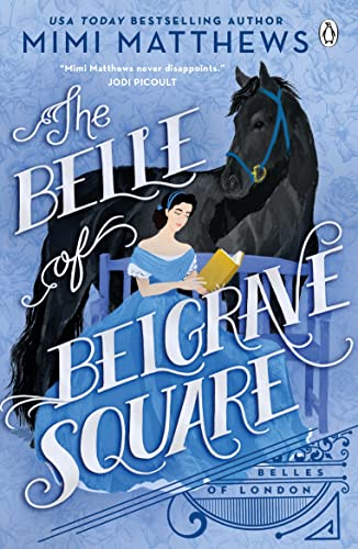 A woman in a blue dress reads a book beside a black horse.