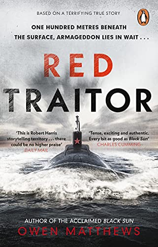Book cover: "Red Traitor" with a submarine in stormy seas.